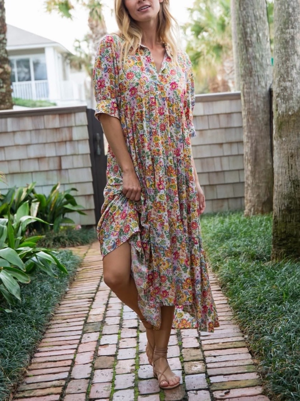 Natural Life Floral Tiered Maxi Dress Cottagecore Boho  Romantic Minimalist XS
